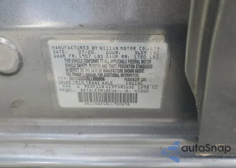 2020 Nissan Versa S z USA, uszkodzony, nr VIN 3N1CN8DV8LL900898